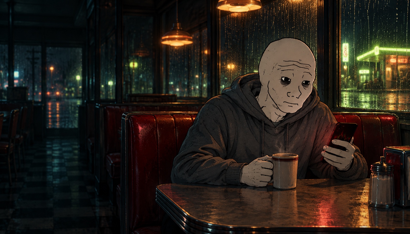 An exhausted Wojak sits alone in a red diner booth, holding a coffee and checking his phone as neon light shines through the rainy window.